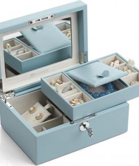 SKYCABLE Vlando Two Tray Lockable Jewelry Box, Jewelries Collections Organizer, Girls Gift (Light Blue)