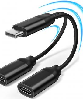 Dual USB C Headphone and Charger Adapter, 2-in-1 USB C Audio and Fast Charging Splitter, Type C Audio Adapter with Fast Charging Port for iPhone 16/15, Galaxy S24/S23/S22/21/20/Note 20(Black)